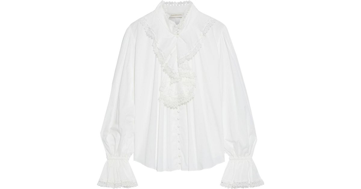 Zimmermann Lace-trimmed Ruffled Cotton Blouse in White | Lyst