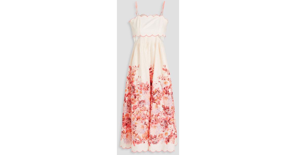 Zimmermann Cutout Scalloped Floral-print Linen Midi Dress in White | Lyst