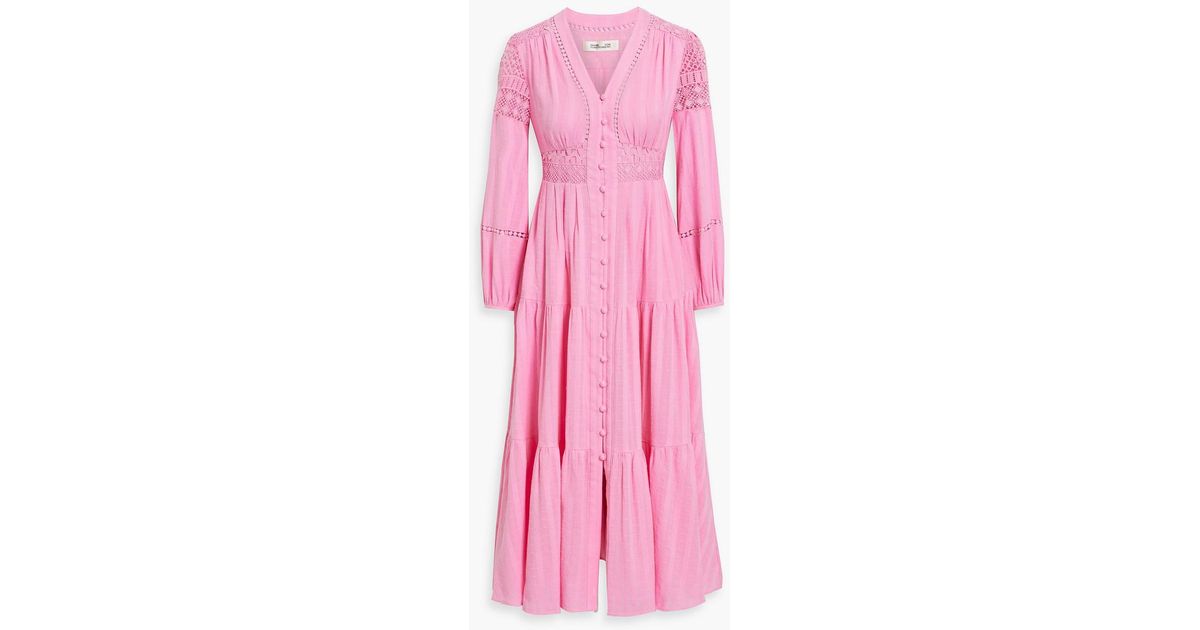 Diane von Furstenberg Gigi Crocheted Lace-Trimmed Cotton-Jacquard Midi Dress  in Pink | Lyst Canada
