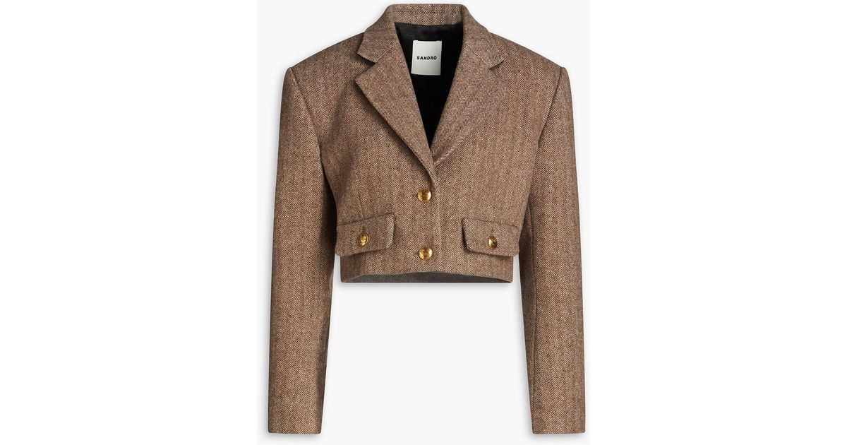 Sandro Cropped Herringbone Wool-blend Blazer in Brown | Lyst UK