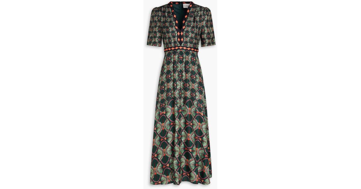 Saloni Tabitha Printed Silk-jacquard Midi Dress in Green | Lyst