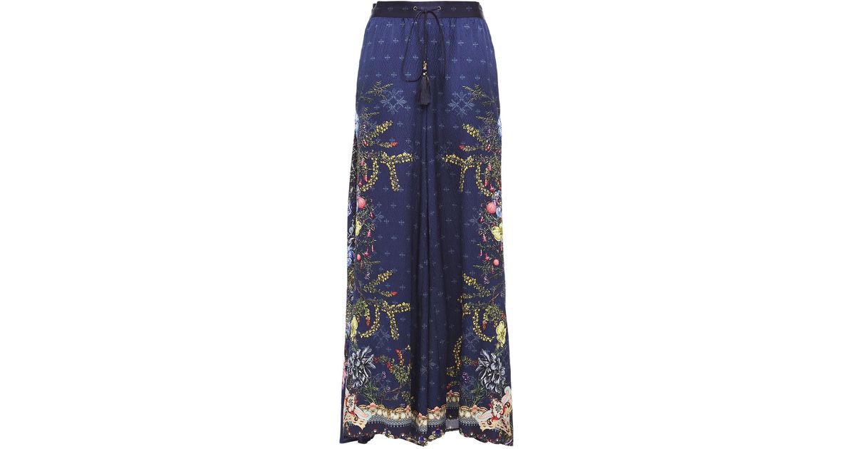 Camilla Chiffon-paneled Crystal-embellished Printed Hammered-silk Wide-leg Pants in Indigo (Blue 