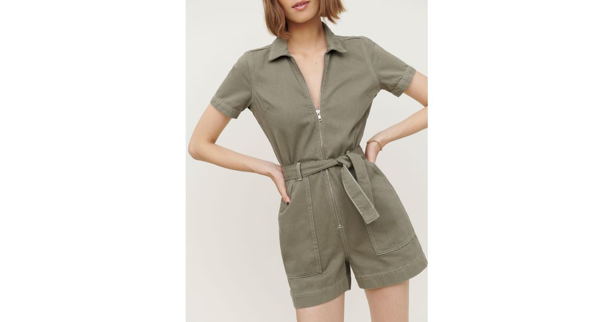 Green Reformation Cassidy Denim Short Jumpsuit in Army Womens Clothing Jumpsuits and rompers Playsuits 
