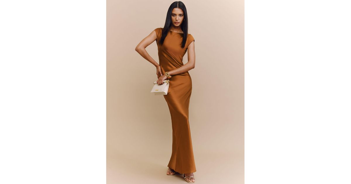 reformation niamh cap-sleeve open-back silk maxi dress Reformation Niamh Silk Dress in Brown