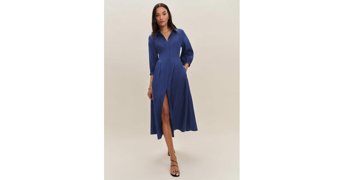 Reformation Tara Linen Dress in Blue | Lyst