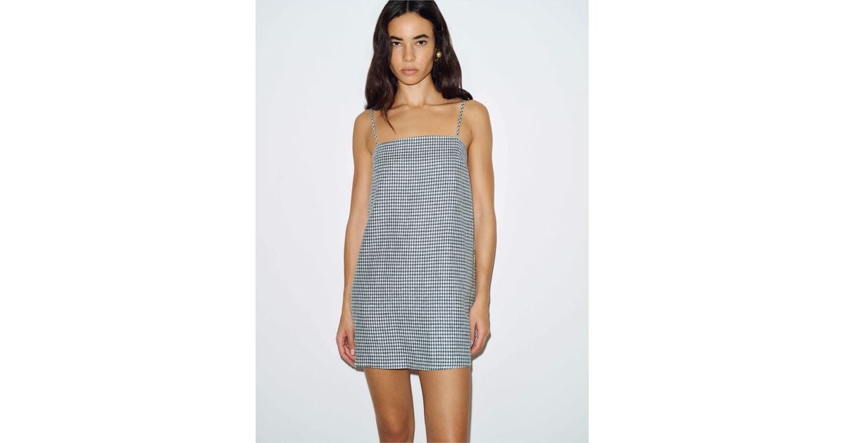 reformation aubree linen dress slate check Reformation Aubree Linen Dress Slate Check