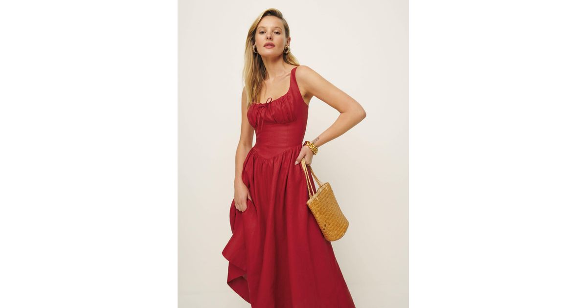 Reformation Balia Linen Midi Dress in Red | Lyst