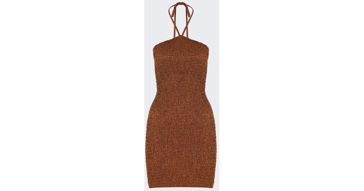 Zeynep Arcay Mini Ruched Metallic Bodycon Dress in Brown | Lyst
