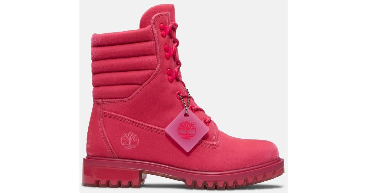 Timberland × Jimmy Choo ピンクブーツ Hot Pink Timberland Velvet Ankle Boots | JIMMY CHOO X
