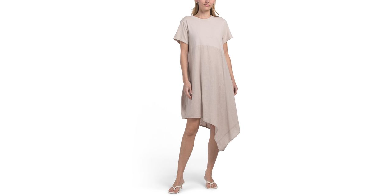 tj maxx linen dress Blend Short Sleeve Mixed Media Asymmetrical For Cotton/ Linen in Natural T.J. Maxx Linen Sweetheart Flared