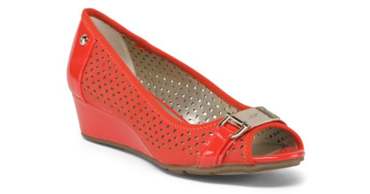 Tj Maxx Comfort Peep Toe Wedges In Tangerine Red Lyst