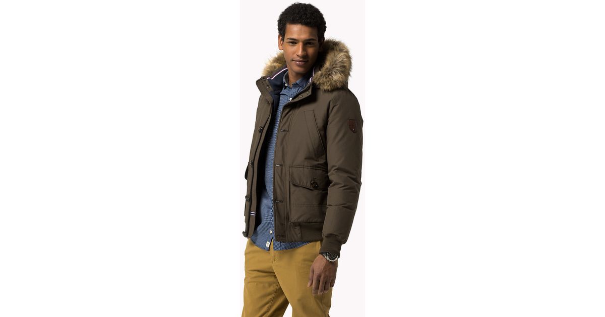 tommy hilfiger down bomber jacket with faux fur hood