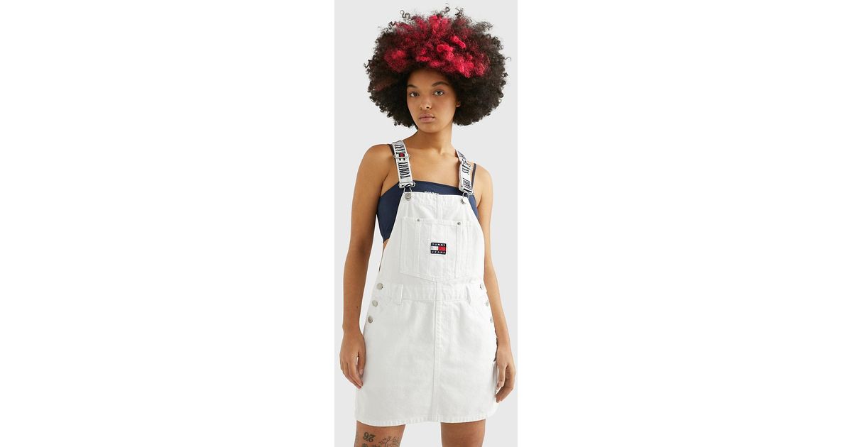 Tommy Hilfiger Logo Strap Denim Dungaree Dress in White Lyst UK