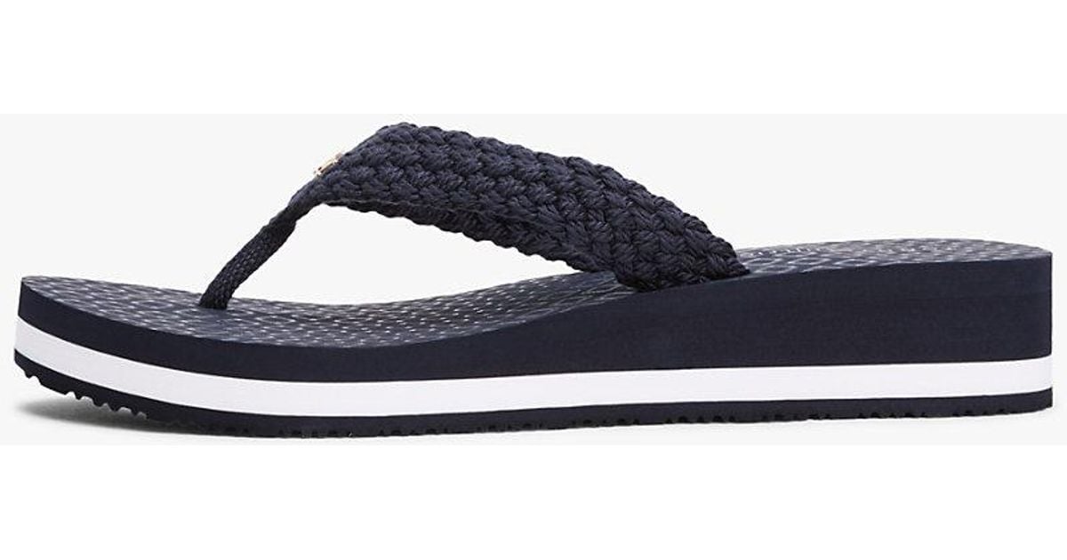 tommy-hilfiger-th-monogram-crochet-wedge-flip-flops-in-blue-lyst-uk