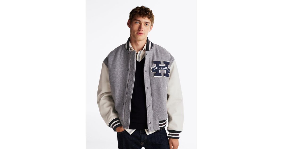 Tommy Hilfiger Colour-blocked Leather Sleeve Varsity Jacket in