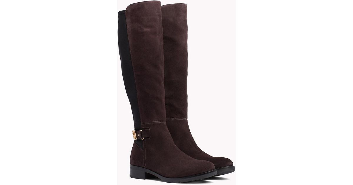 tommy hilfiger monogram buckle stretch boots