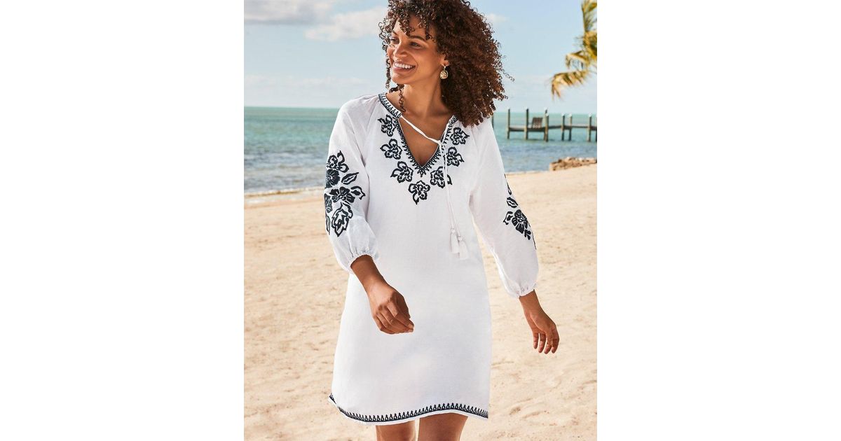 Tommy Bahama Embroidered Tassel V-neck Cotton Tunic Dress
