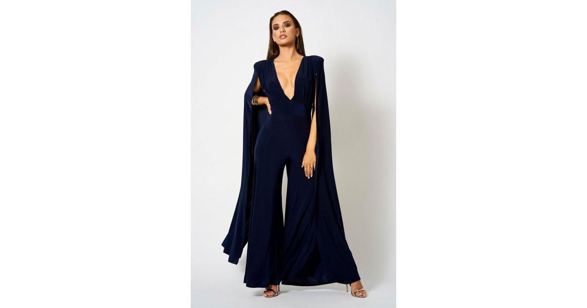 navy plunge front cape jumpsuit