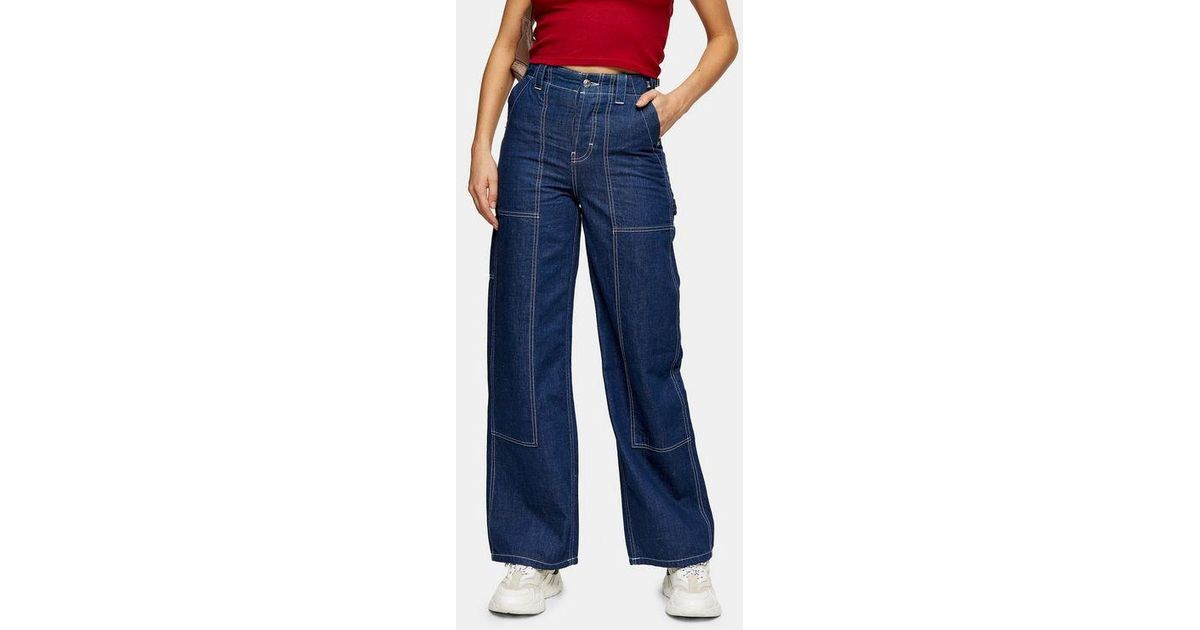 raw denim utility wide leg jeans