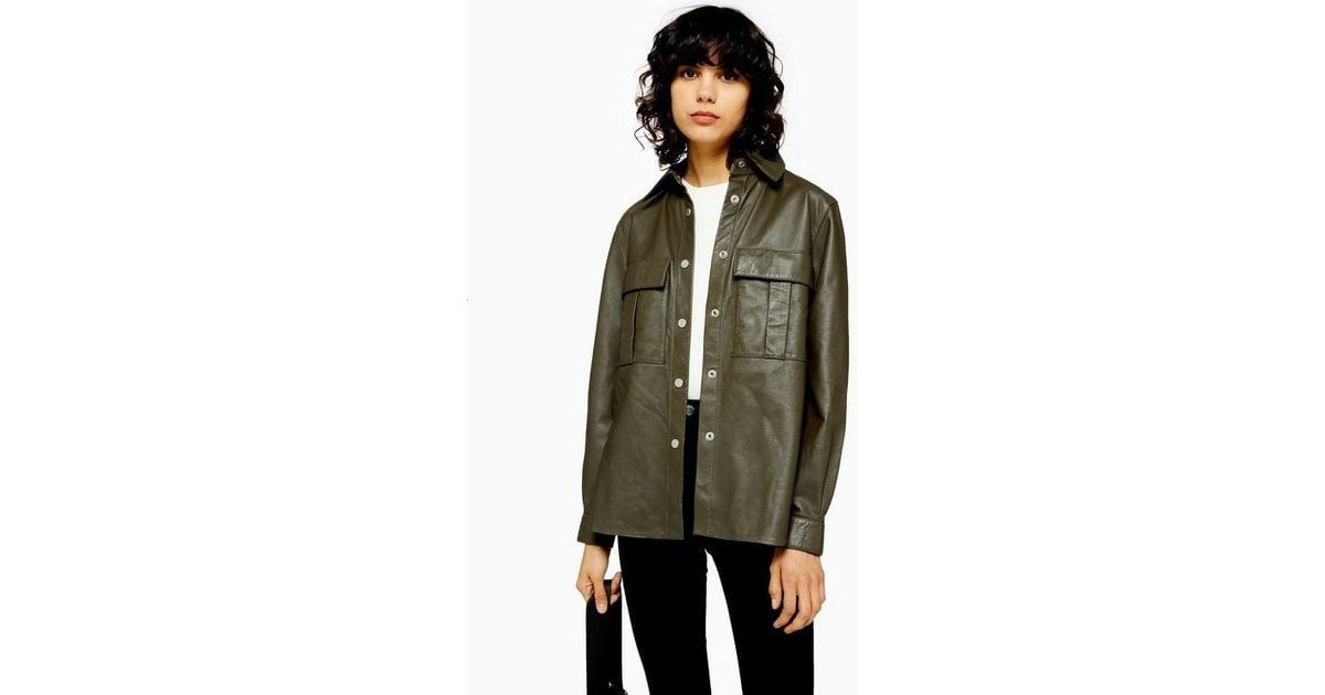 Topshop Leather Shirt In Khaki Green Lyst