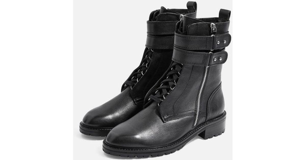 TOPSHOP Leather Ashley Lace Up Hiker Boots in Black - Lyst