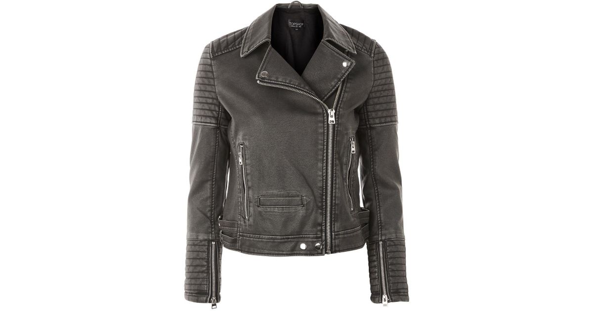 Top Black Washed Faux Leather Biker Jacket
