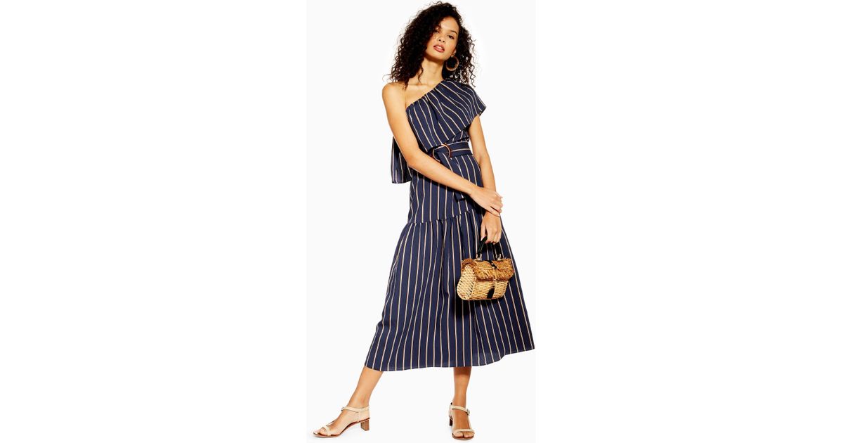 TOPSHOP Synthetic Sicily Stripe One Shoulder Midi Dress in Navy Blue (Blue) - Save 51% - Lyst