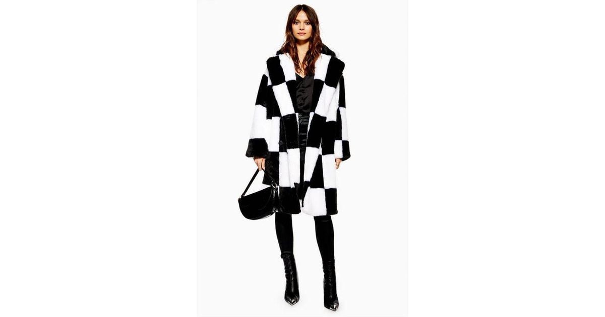 checkerboard faux fur coat