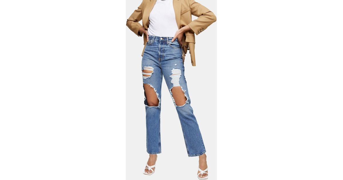 TOPSHOP Denim Tall Mid Stone Ripped Mom Tapered Jeans in 