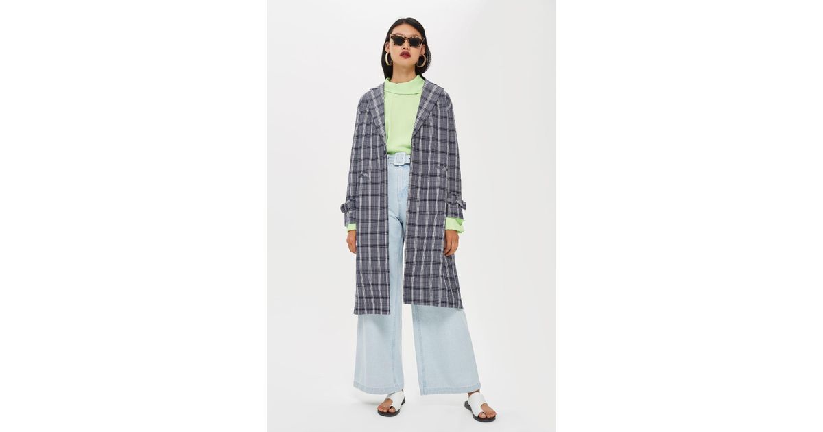 TOPSHOP Cotton Crinkle Check Duster Coat in Navy Blue (Blue) - Lyst