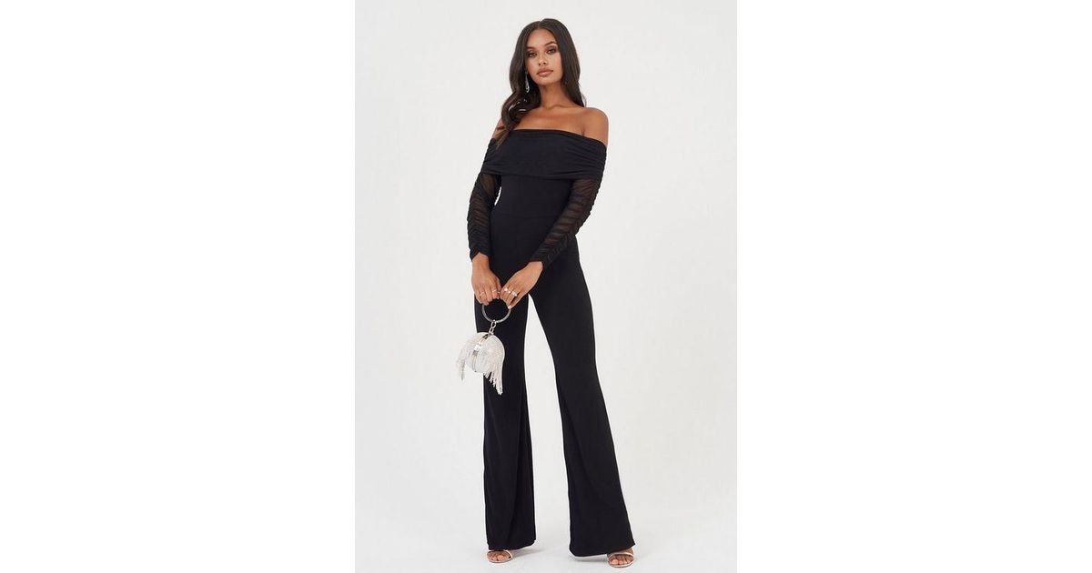 black ruched mesh bardot jumpsuit