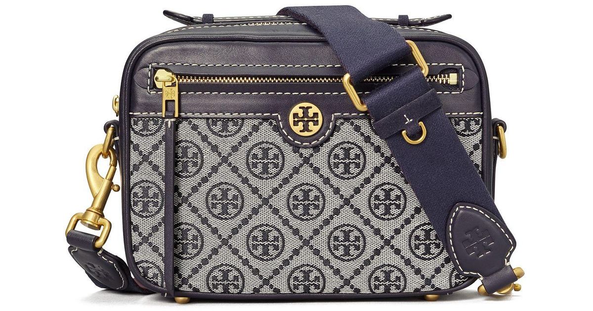 Tory Burch Leather T Monogram Jacquard Camera Bag in Navy Blue (Blue ...