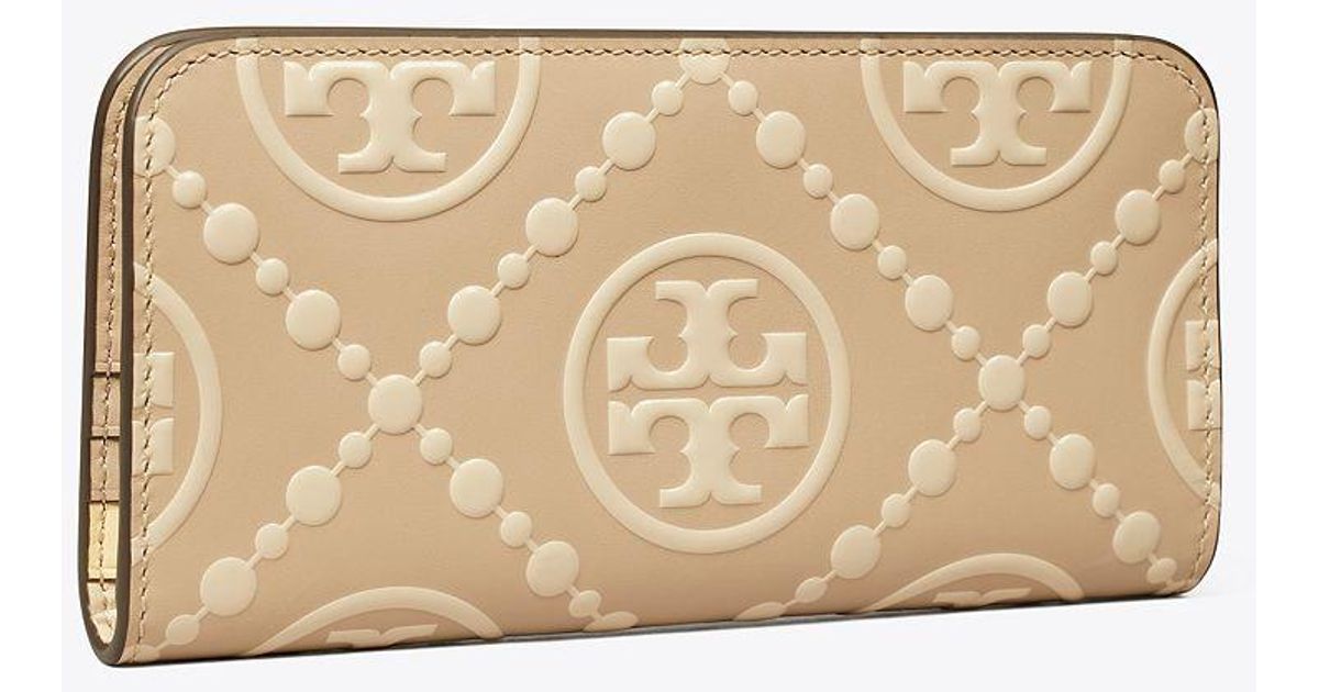 Tory Burch T Monogram Contrast Embossed Zip Slim Wallet in Natural Lyst