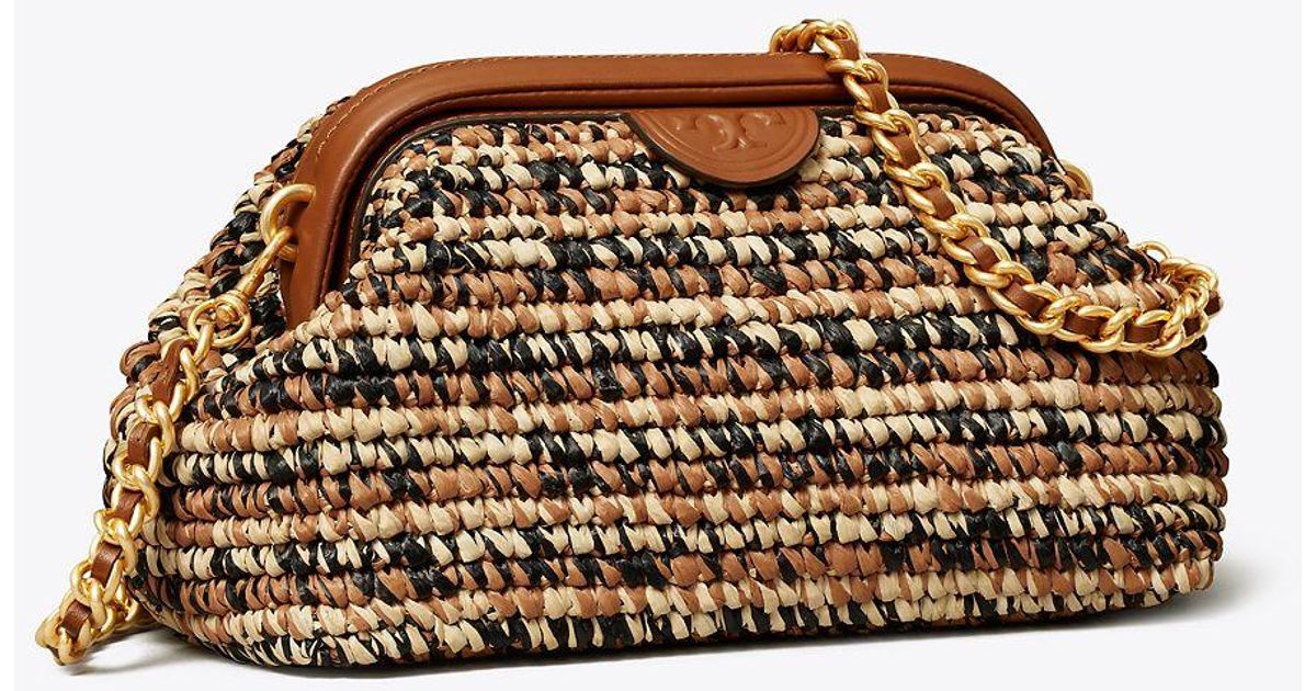 Tory Burch Leather Fleming Soft Raffia Small Frame Crossbody in Brown