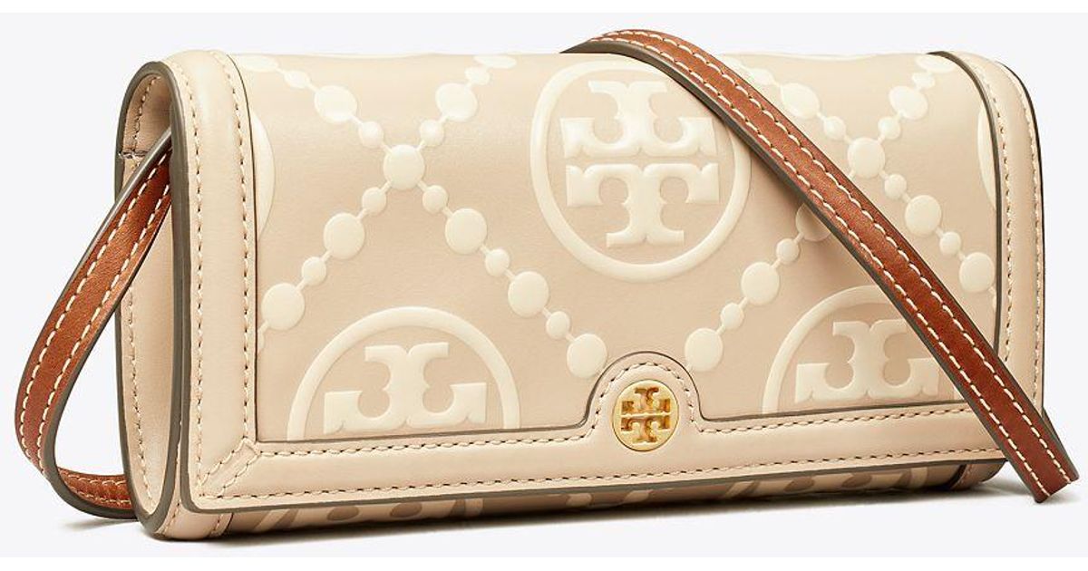 Tory Burch T Monogram Contrast Embossed Wallet Crossbody in Natural