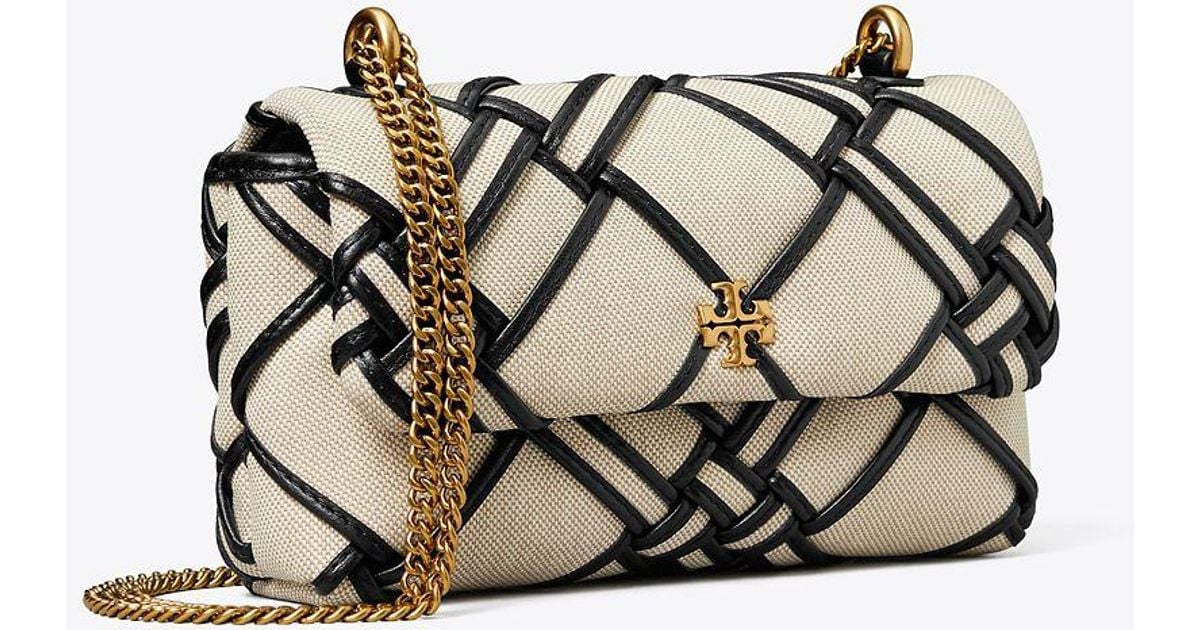 Tory Burch Mini Kira Woven Canvas Flap Bag in White | Lyst
