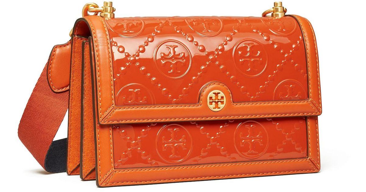 Tory Burch Leather T Monogram Patent Embossed Small Shoulder Bag in Orange Lyst Canada