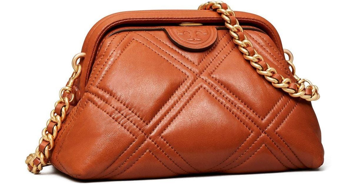 Tory Burch Leather Fleming Soft Small Glazed Frame Crossbody in Brown