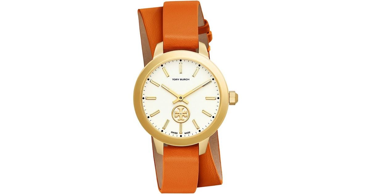 Tory Burch Collins Double-wrap Watch, Orange Leather/gold 