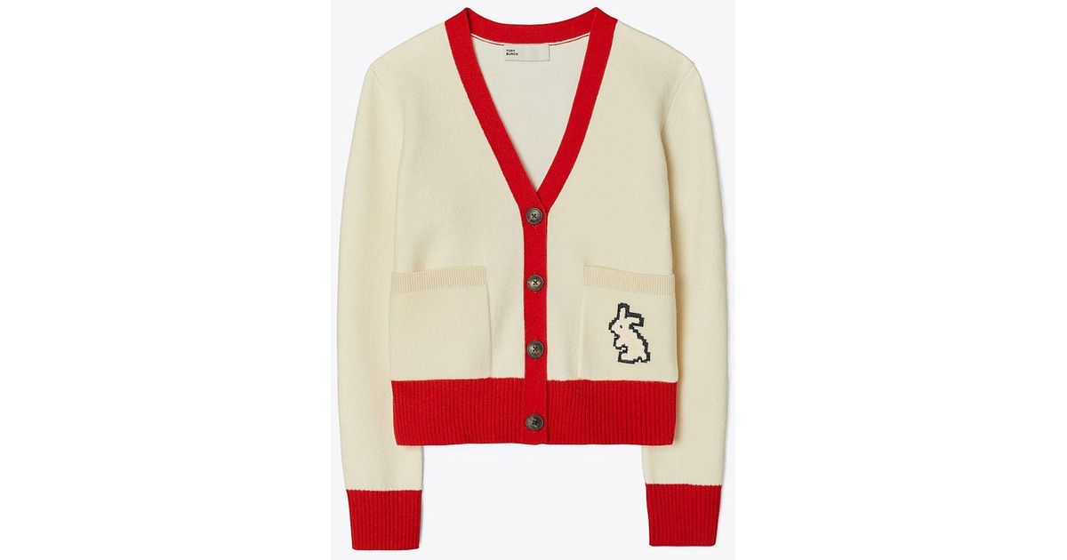 Tory Burch Cashmere Rabbit Cardigan in Red | Lyst