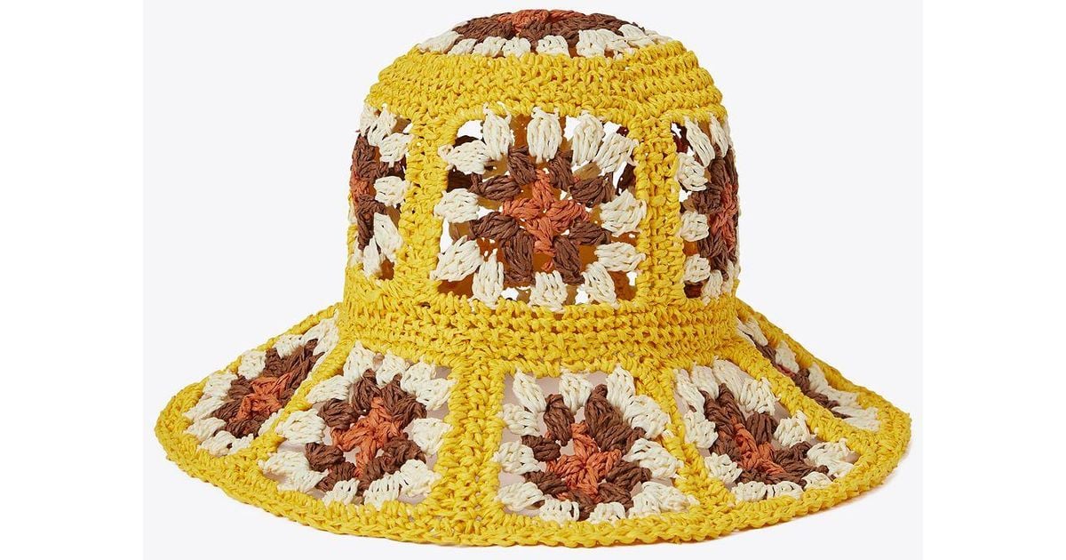 Tory Burch Straw Crochet Short-brim Bucket Hat in Yellow | Lyst UK