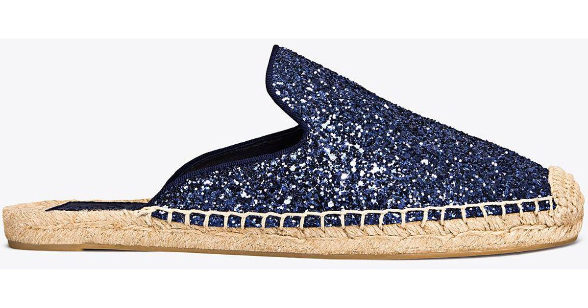 Tory Burch Leather Max Glitter Espadrille Slide in Blue - Lyst