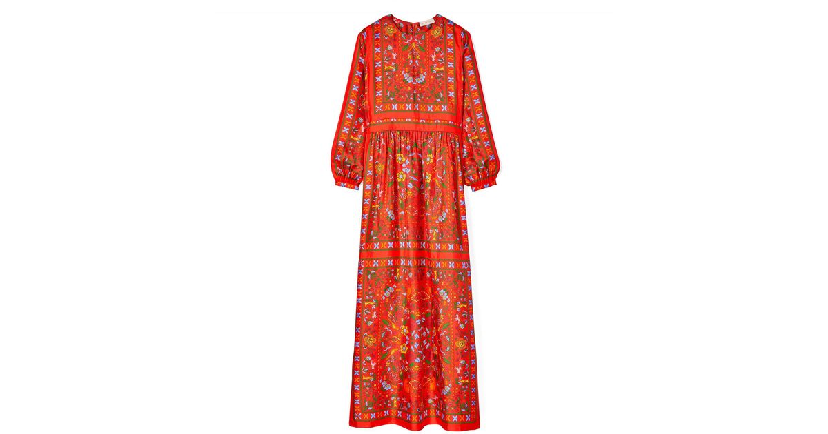 Tory Burch Silk Scarf Printed Long Dress in Red | Lyst