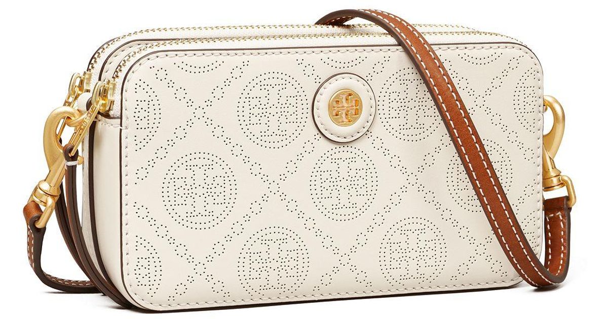 Tory Burch T Monogram Perforated Leather Double-zip Mini Bag in White ...