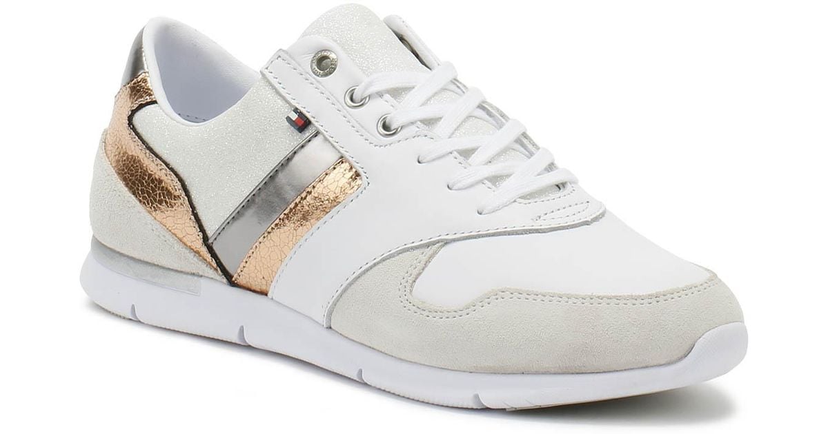women's white and rose gold trainers