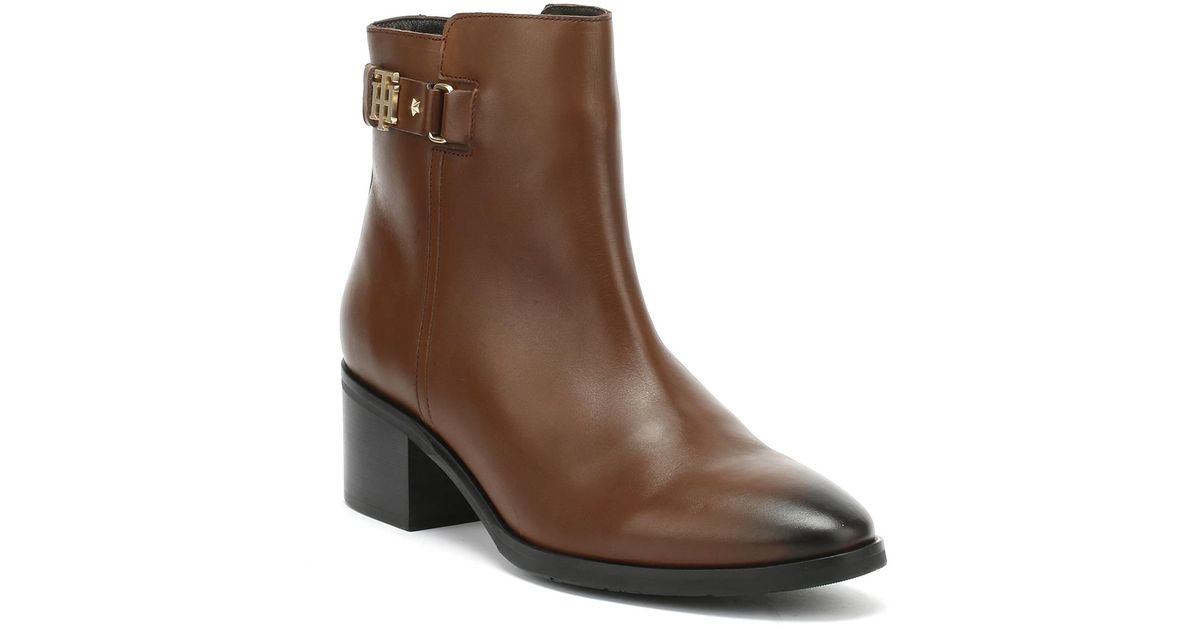 tommy hilfiger th buckle mid heel boot leather