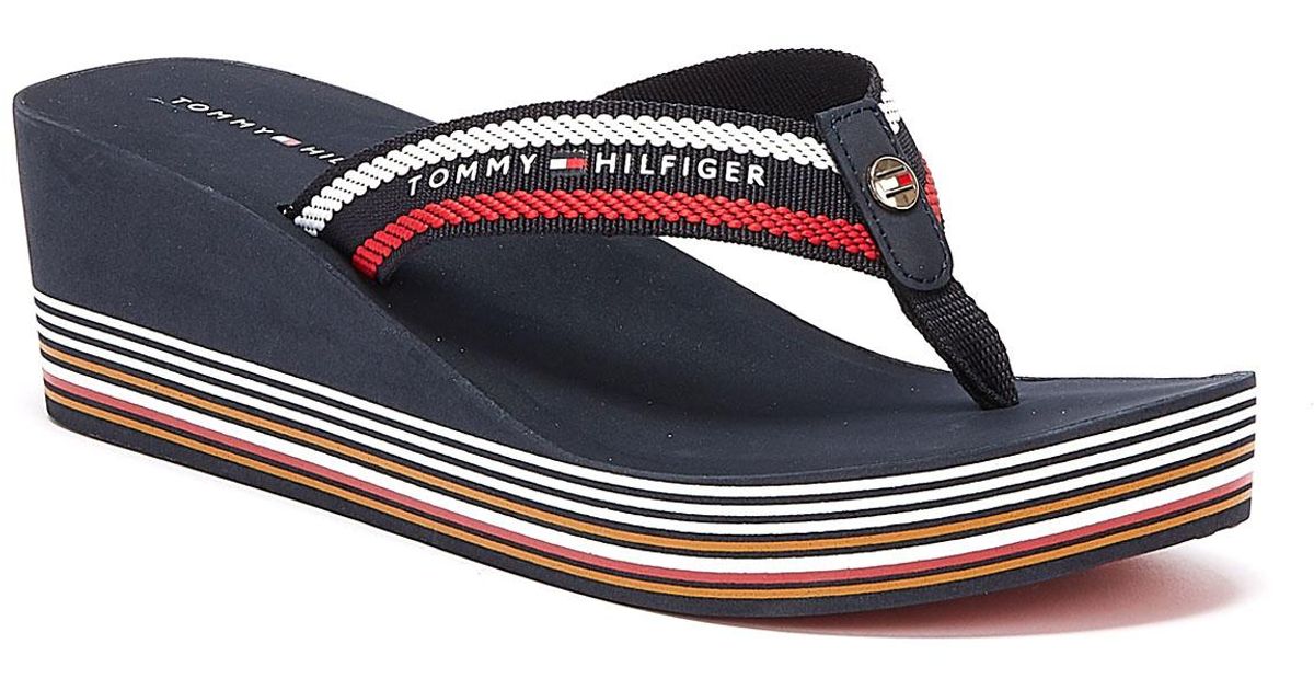 Tommy Hilfiger Rubber Stripy Womens Navy Wedge Flip Flops in Blue - Lyst