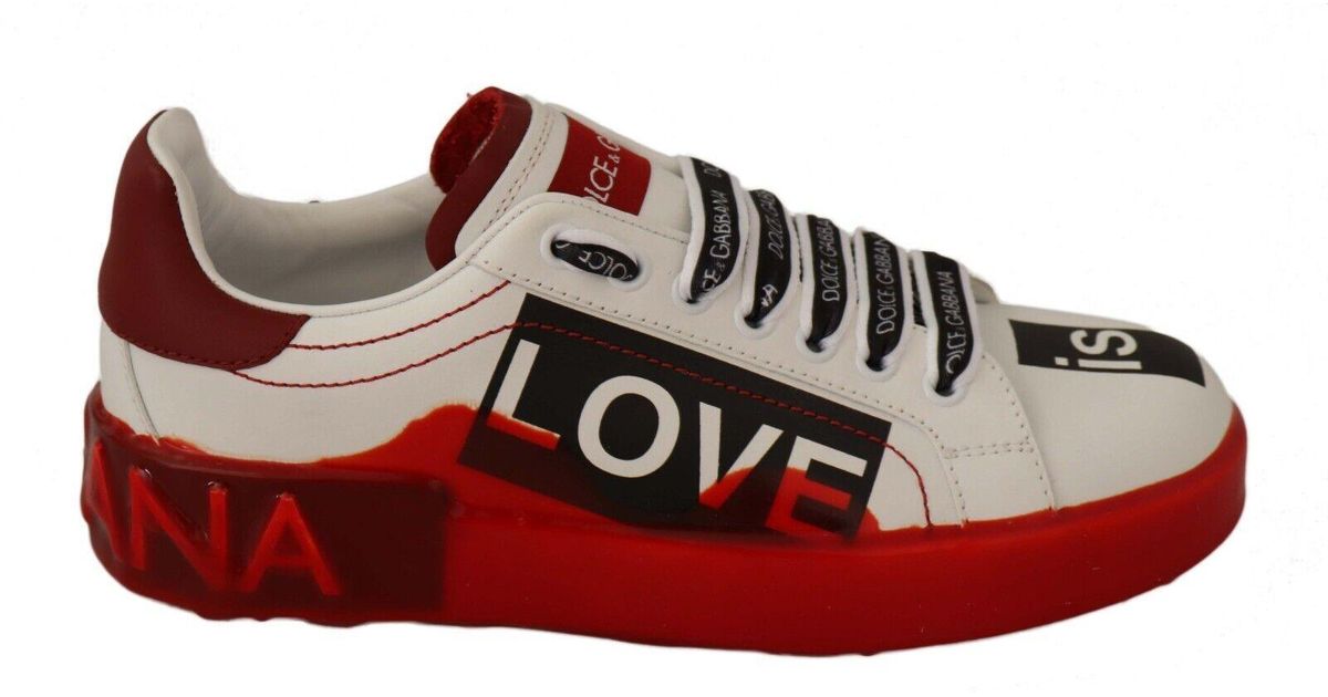 Dolce & Gabbana White Red Portofino Love Print Leather Sneakers Shoes ...