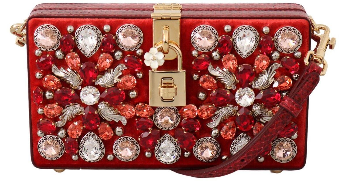 Dolce & Gabbana Red Velvet Leather Crystal Hand Box Clutch Bag | Lyst