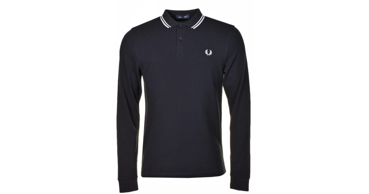 Fred Perry Black White Long Sleeve Twin Tipped Polo Shirt in Blue | Lyst
